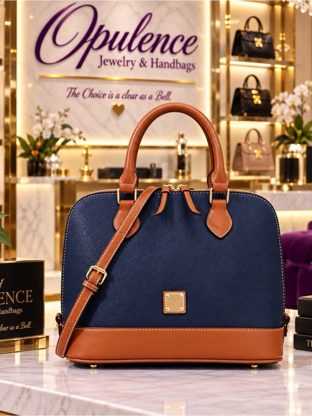 Navy and Tan Leather Satchel - Women Bags